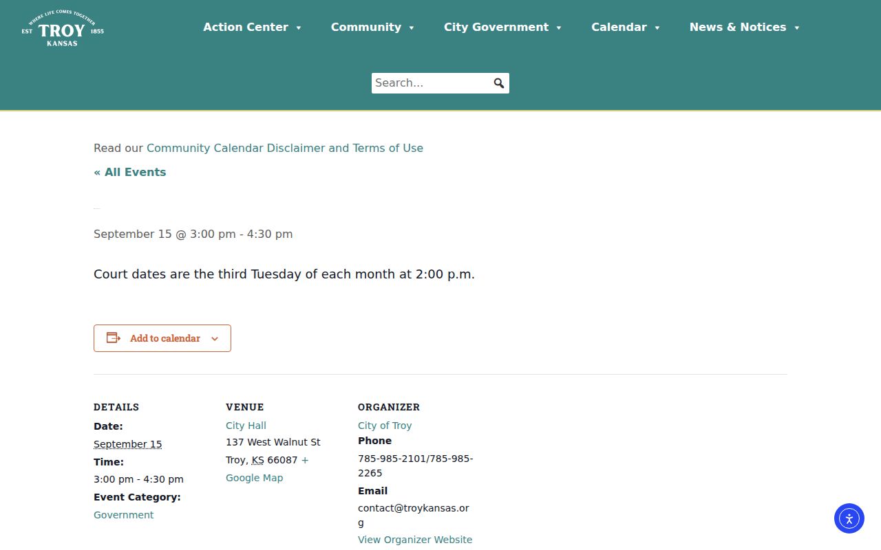 Doniphan County court schedule Troy municipal calendar event