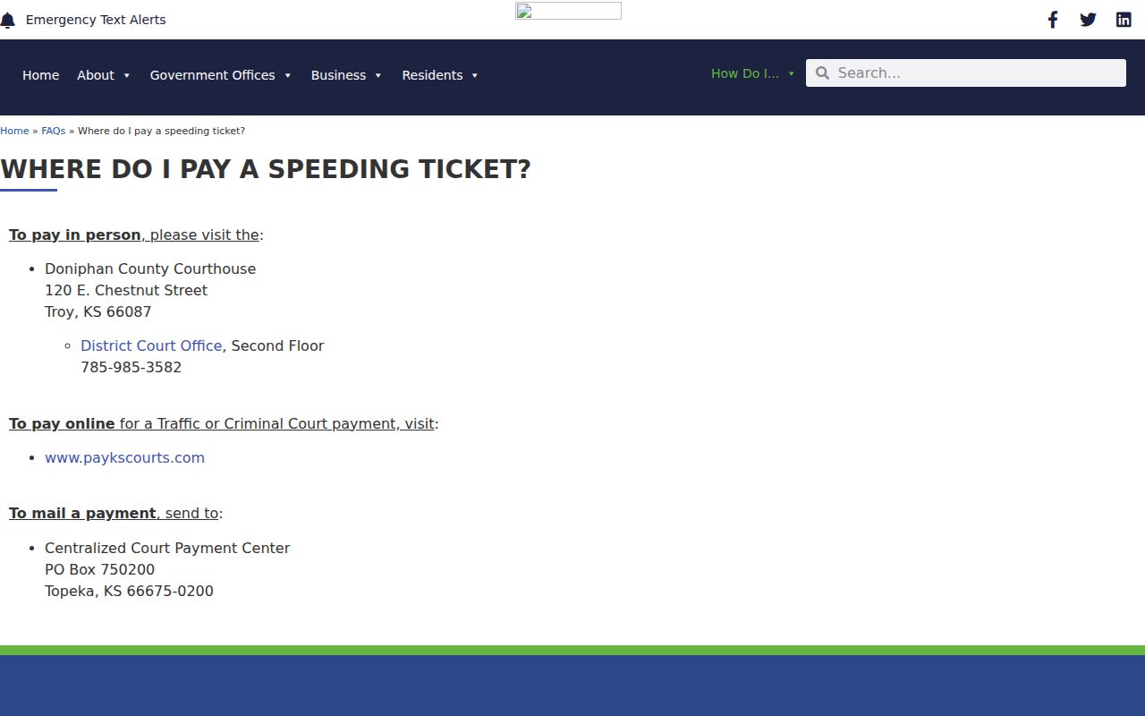 Doniphan County speeding-ticket payment information page