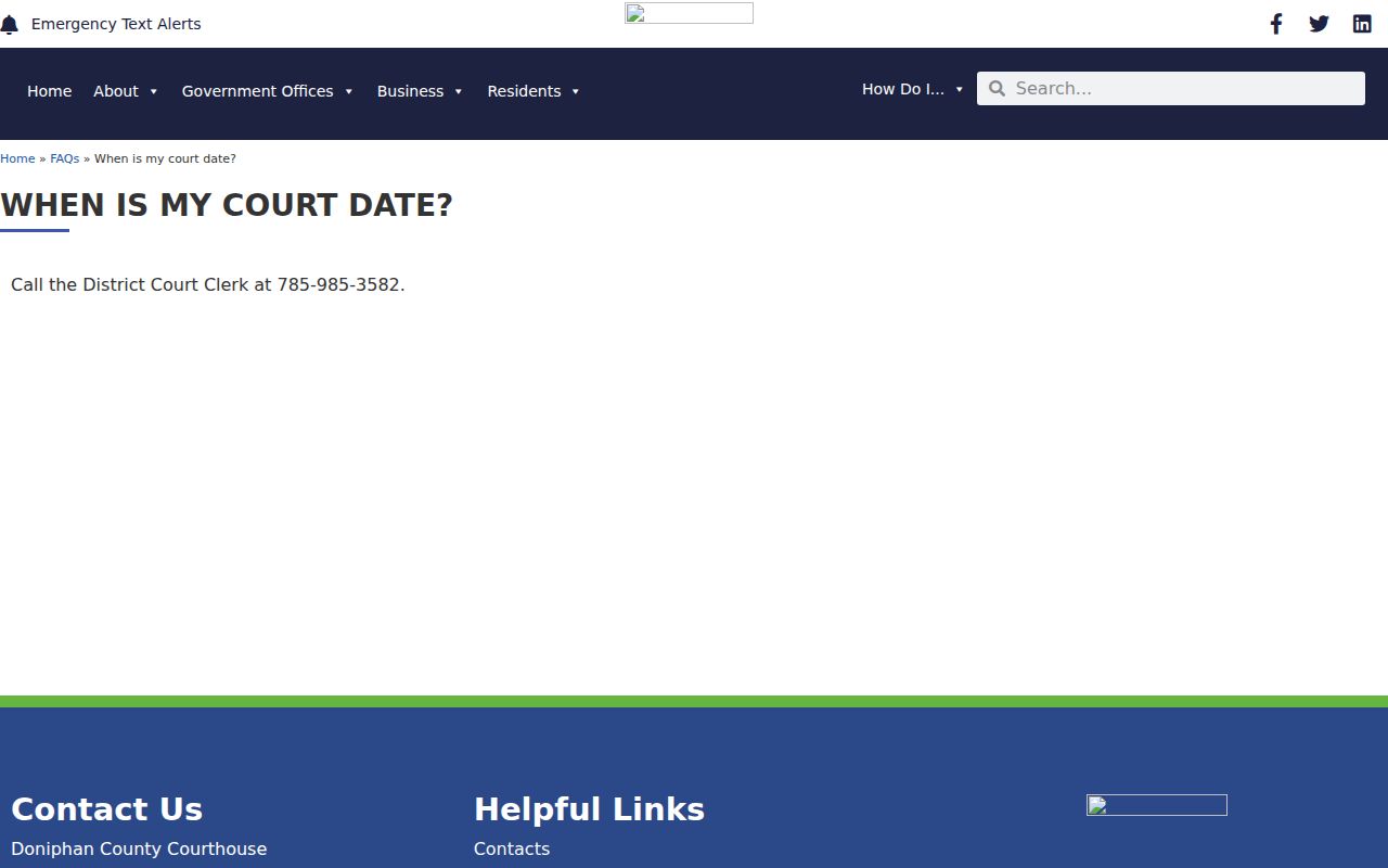 Doniphan County court-date FAQ directing callers to the clerk