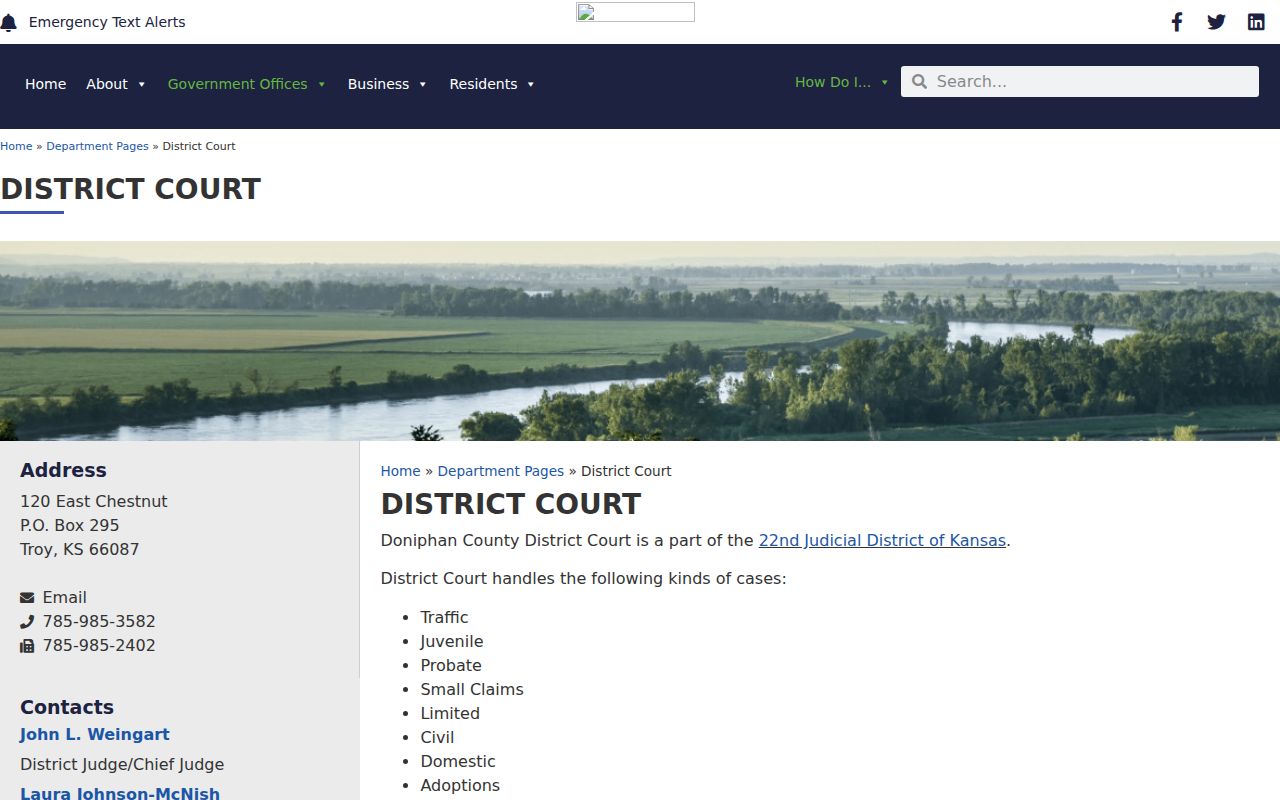 Official Doniphan County District Court webpage with courthouse contacts